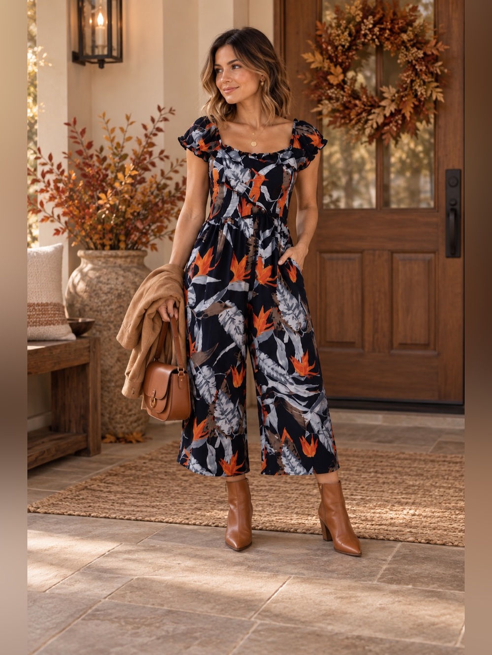 Patrons of Peace Boho Tropical Off-Shoulder Wide Leg Jumpsuit Medium